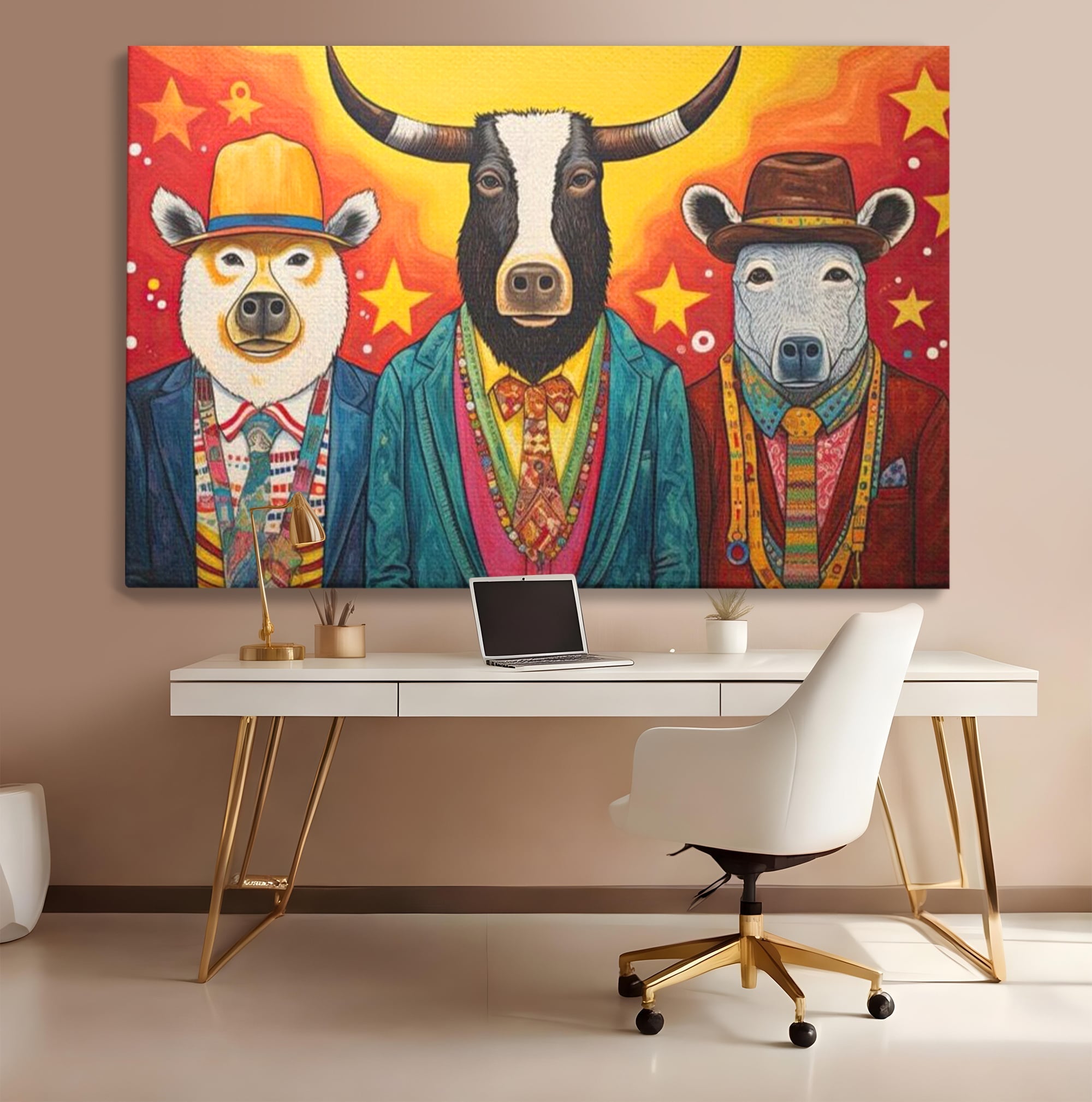 Tablou canvas cu tablou canvas cu trei animale antropomorfe stilizate, fara rama, pe sasiu de lemn, pe perete intr-un birou